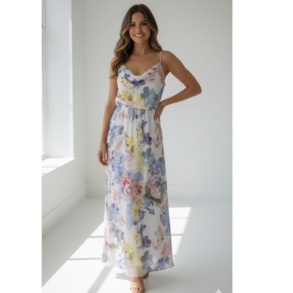 White Birch Floral Cowl Neck Maxi Dress Lace Up Back Watercolor Blue Pink L